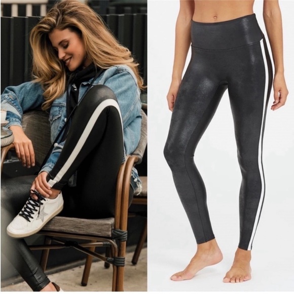 SPANX Pants - SPANX Faux Leather Leggings Tummy Control With Side Stripe Size L Tuxedo Pants‎